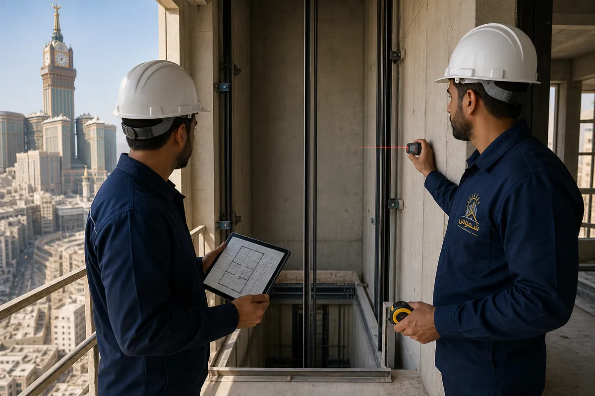 مهندسا شموس يعاينان بئر المصعد ويقيسان الأبعاد قبل التركيب في مكة